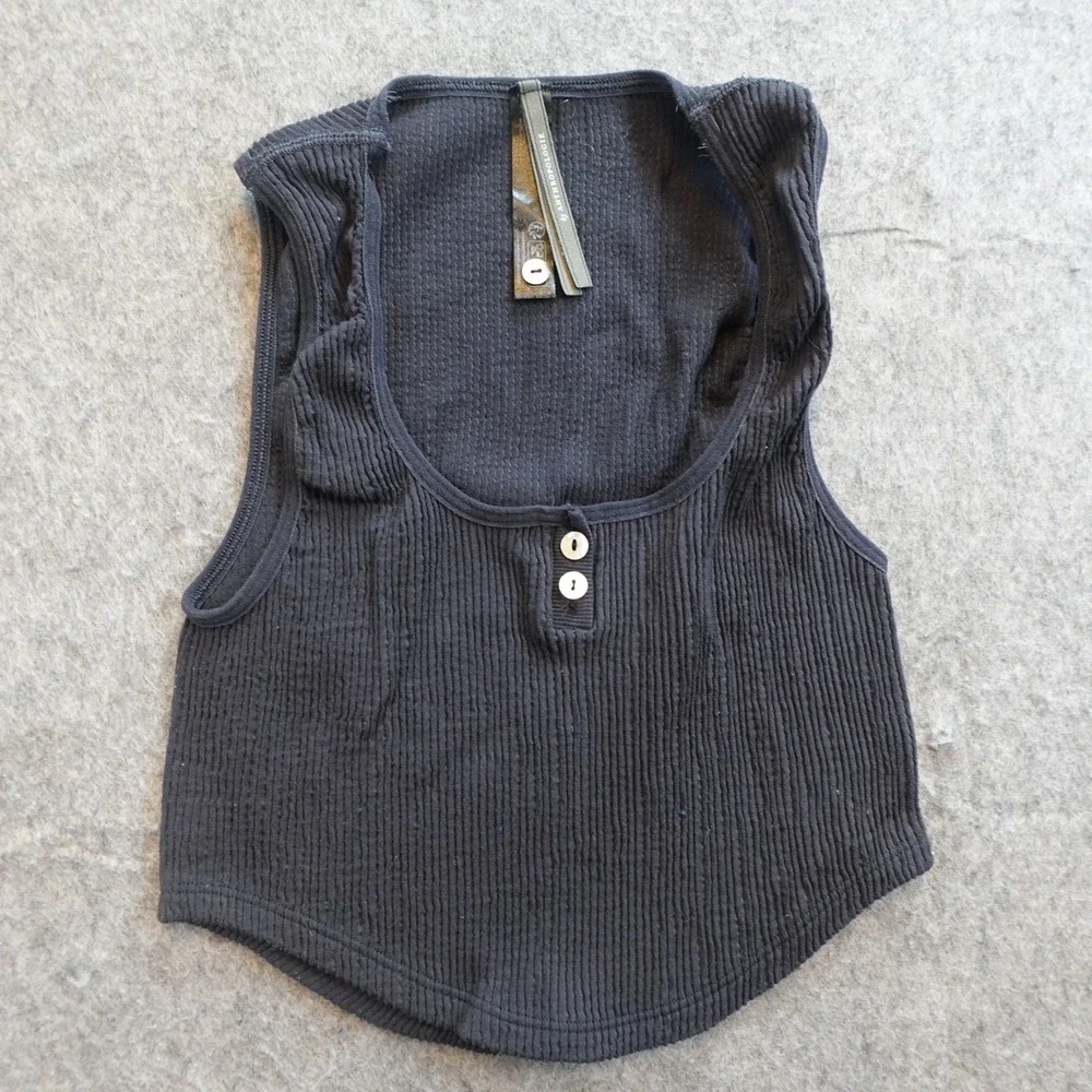 Anthropologie Top Women S/M Navy Blue Ribbed Henley‎ Sleeveless Cropped Tank